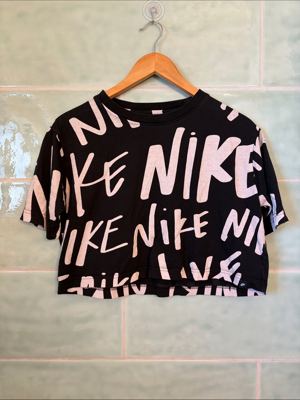 Nike Black Crop Tee with White All-Over Logo Print SZ S